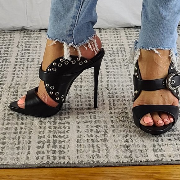 💌Giuseppe Zanotti Leather Slides Black Studded  Size 37.5EU - Picture 3 of 7